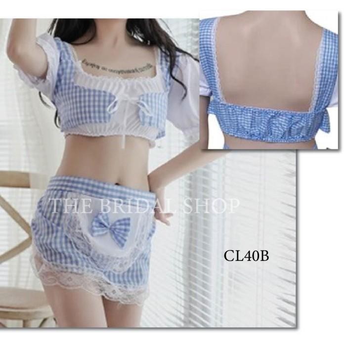 Costume Maid Premium Lingerie Costume Pelayan Wanita Motif Kotak Biru CL40B
