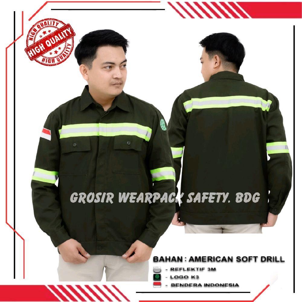 Kemeja Wearpack Safety Warna Hijau Army Seragam Kerja Baju Atasan Lengan Panjang Lis Strip Hijau | S