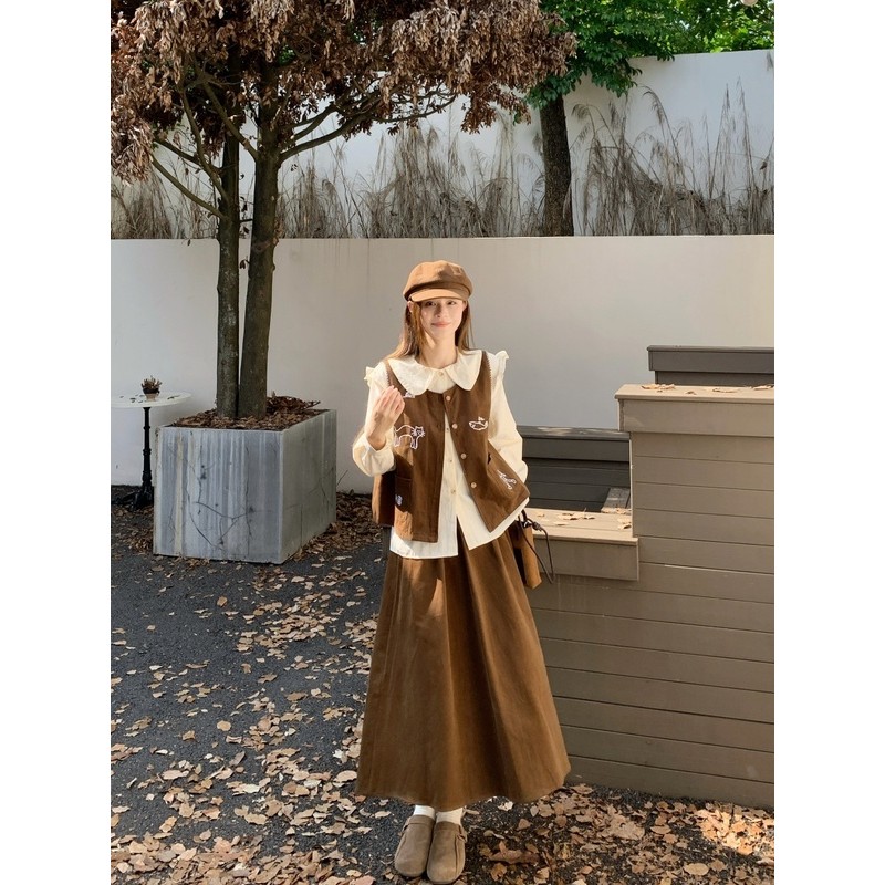 College Style Sweet Baju/Blus Cewek Lengan Panjang Dan Vest Bordir Dan Rok Panjang 2025 Autumn 3 pcs