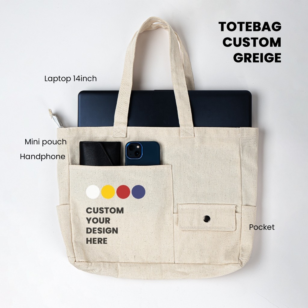 LOISSHOP Otaku Studio - Tas Totebag Kanvas Custom Landscape Greige Resleting / Totebag Custom Satuan