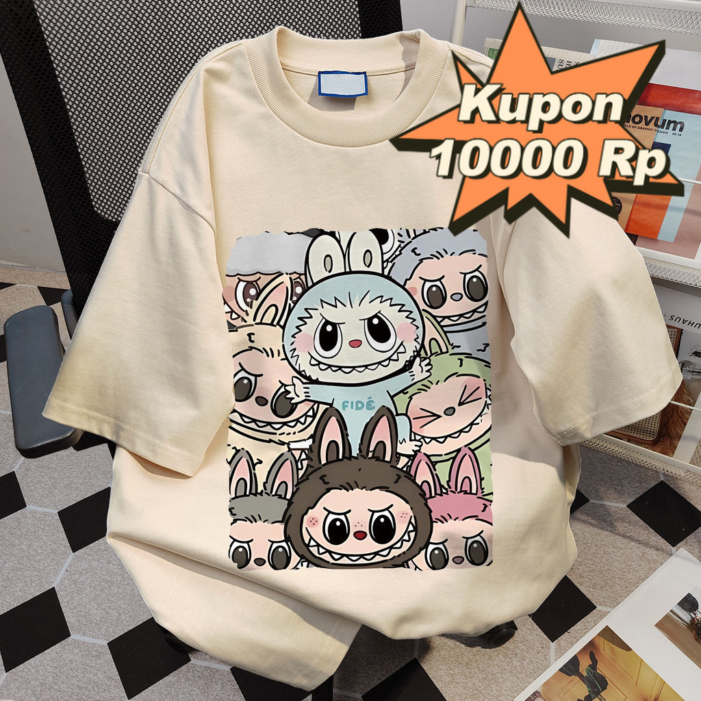 Korean_Outfit  Kaos T-shirt oblong Labubu katun 100%, motif kartun lucu oversized, kaos oblong wanit