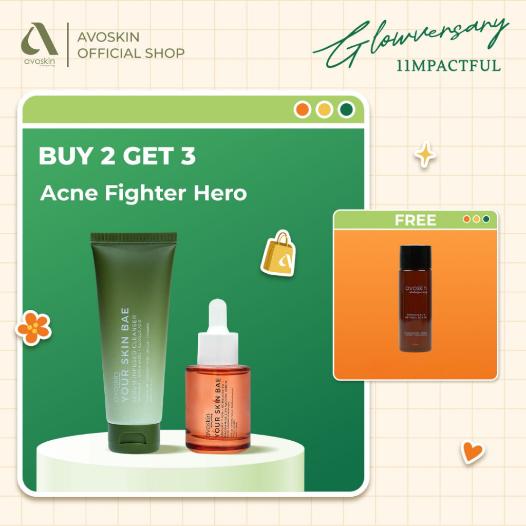 [BUY 2 GET 3] Avoskin Bundle Acne Fight Hero - Cleanser Spirulina, Serum Azeclair, Retinol Toner 20m