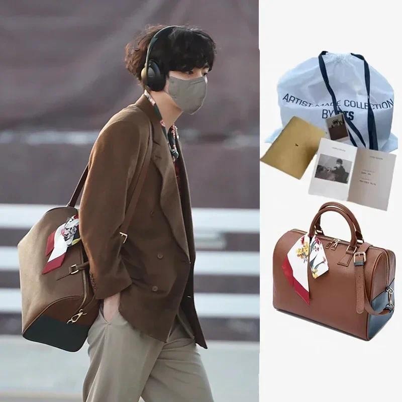 Boston Bag Kpop Fashion Shoulder Bag BTS V Inspired Travel Duffel PU Leather Handbag with Scarf Kore