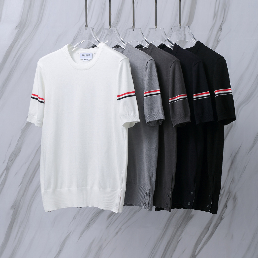 M30# THOM/TB Kaus Lengan Panjang Leher Bulat Bergaris Sutra Es