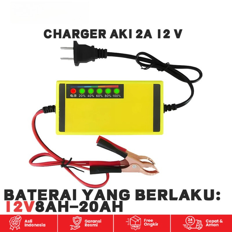 Alat Cas Aki Motor & Mobil Alat Pengisian Daya Aki Motor Intelegent Charger 12V 2Ampere 12V Poouiot