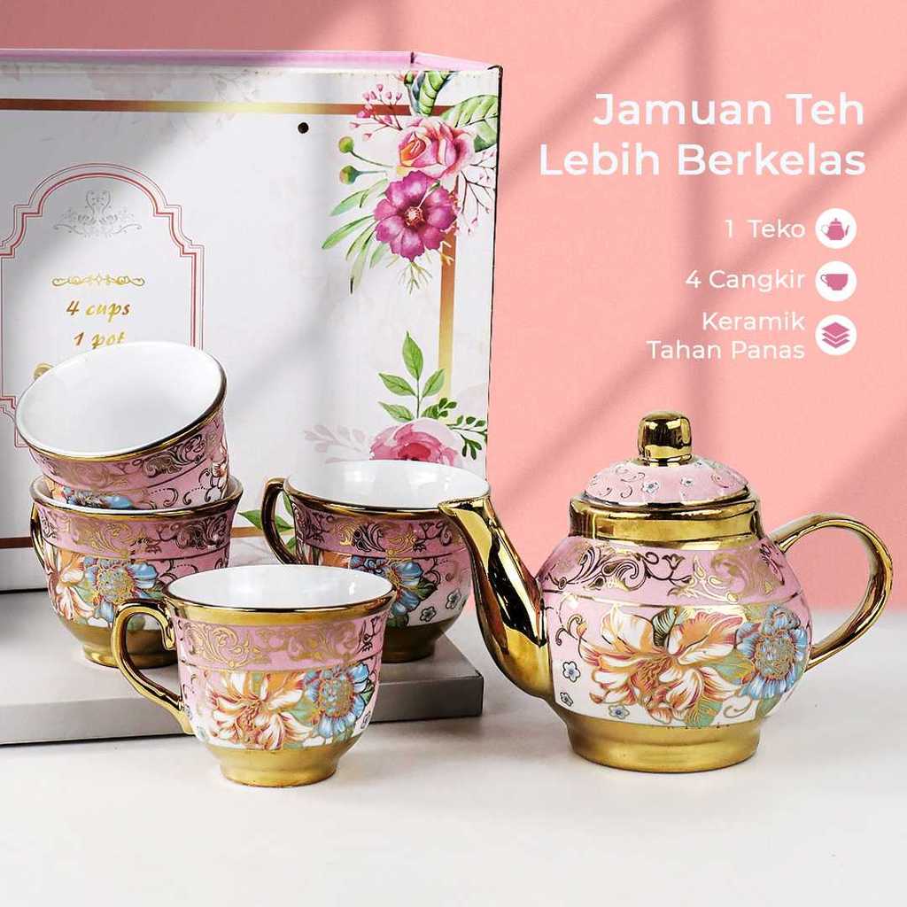 Set Teko & 4 Cangkir Keramik - Tea Set Keramik Gaya Eropa Elegan