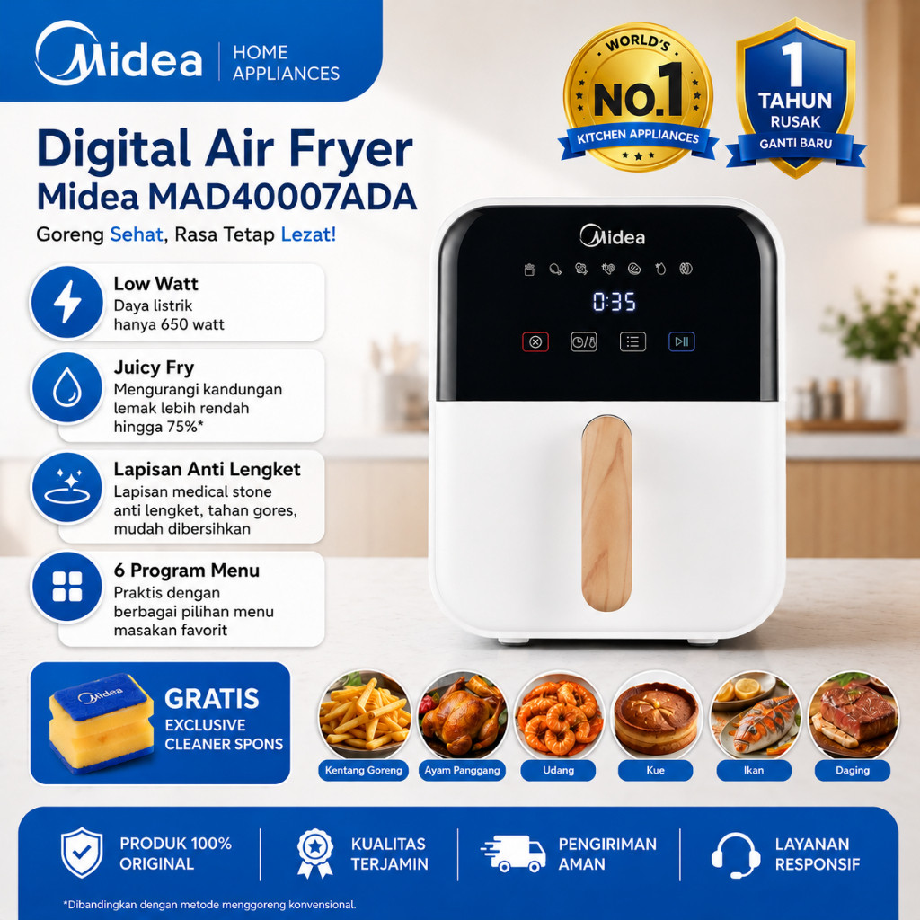[Free Gift] Midea Airfryer Low Watt 4L | Handle Kayu | Layar Sentuh MAD40007ADA | Garansi Resmi 100%