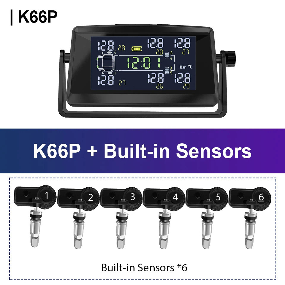 Sistem Pemantauan Tekanan Ban Truk Tpms 6 Sensor Tpms 0~8Bar Layar Tekanan Ban Jam Digital Alarm Kes