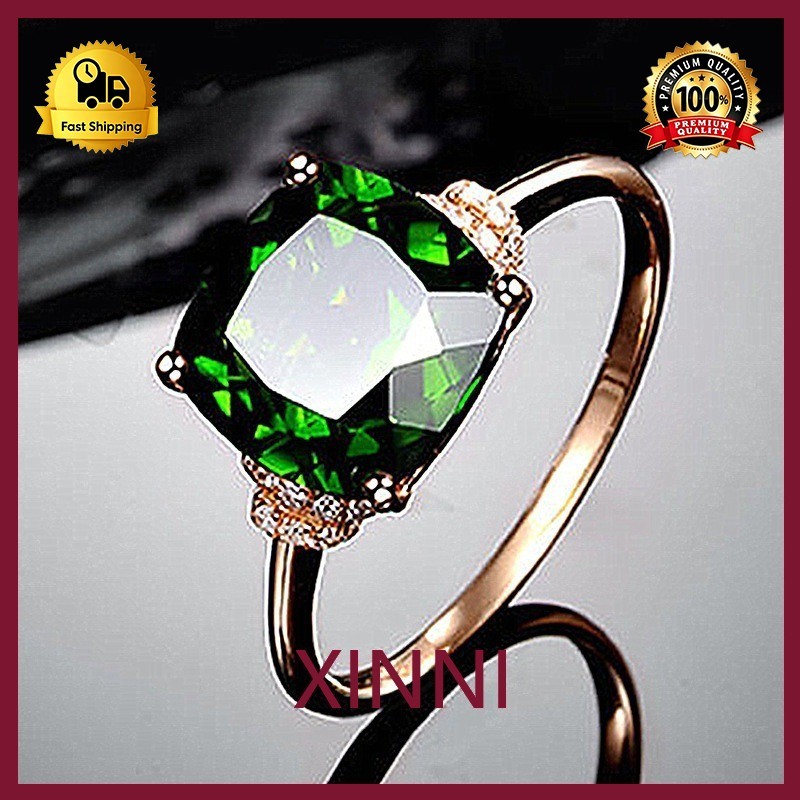 XINNI Cincin Berlian Persegi Jade Cincin Batu Permata Berwarna Cincin Jasper Hijau Cerah