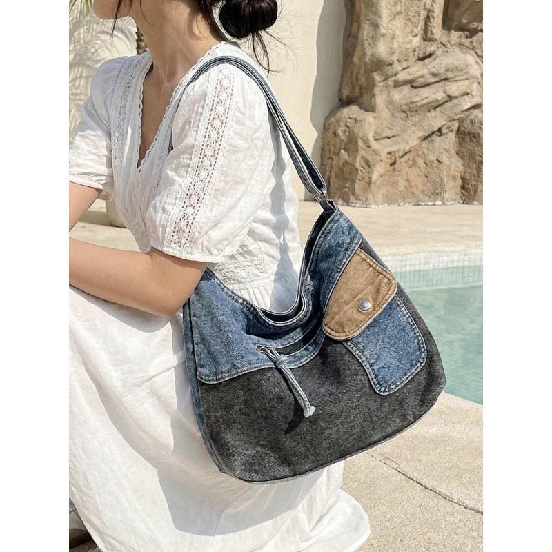 Washed denim women's bag, fashionable patchwork commuter shoulder bag, casual versatile crossbody ba