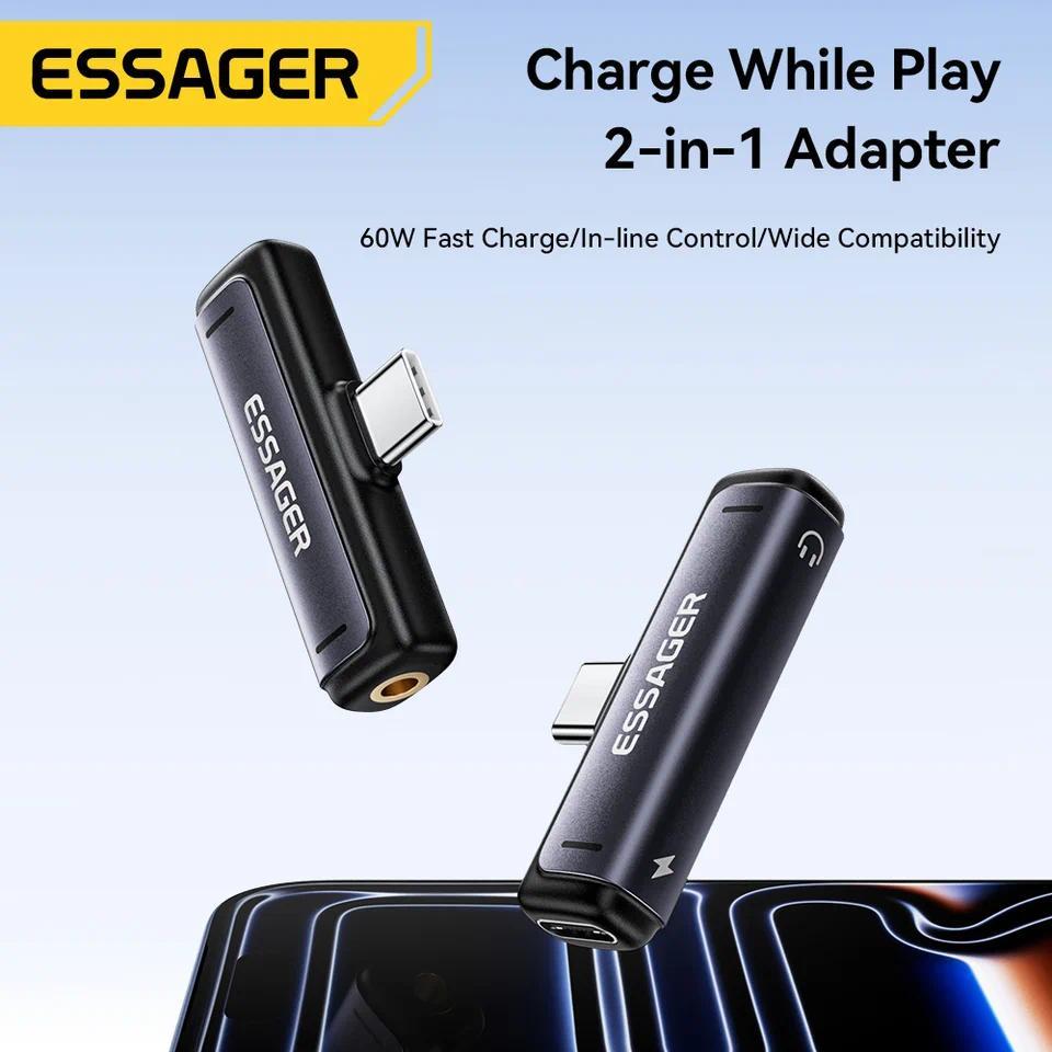 Essager 2 in 1 Adapter USB Type C to USB C Aux 3.5mm Jack 60W Adapter Type-C 3.5 MM Earphone Audio A