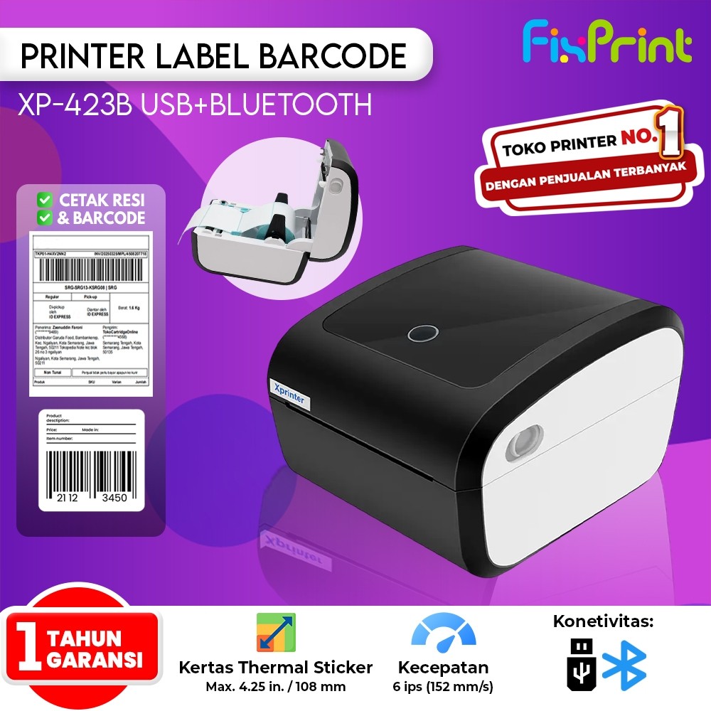 FixPrint Printer Resi XP-423B USB + Bluetooth Thermal Cetak Resi Pengiriman XP-420B Interface Blueto