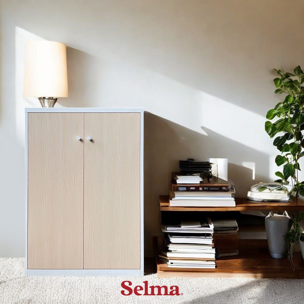 Selma Simson Kabinet Besi Metal Medium - Putih/Cokelat Wood Lemari Simpan Kabinet Serbaguna Rak Peny