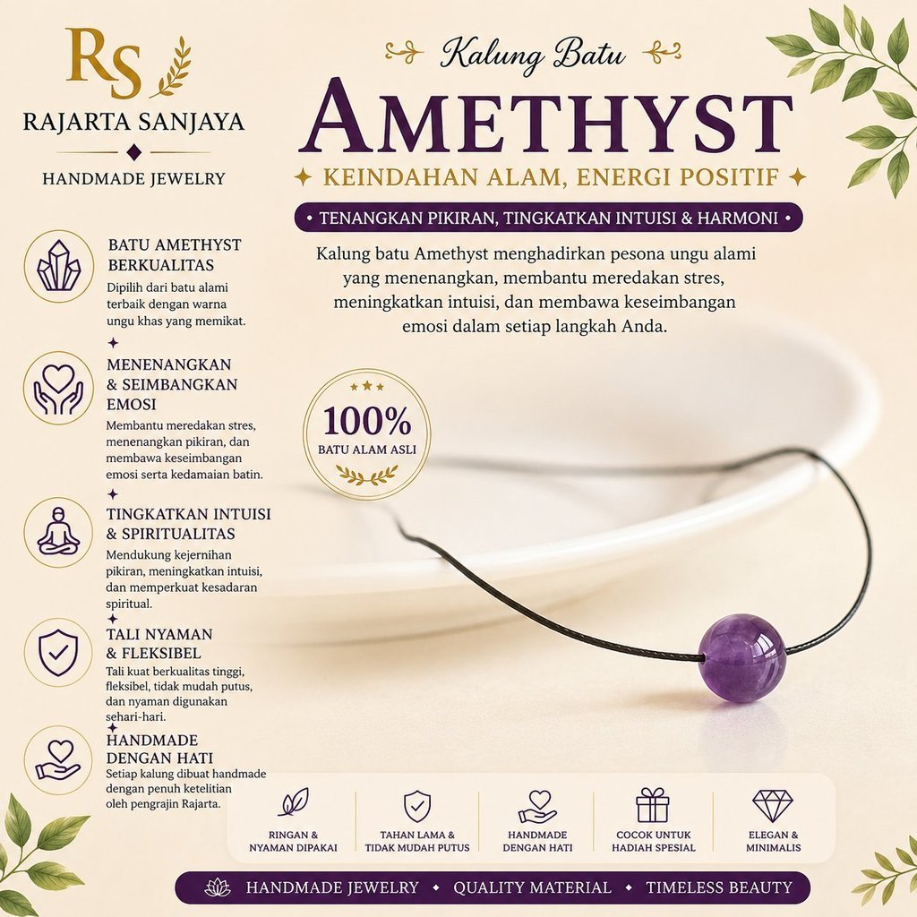 Kalung Batu Amethyst Asli Handmade Rajarta Sanjaya | Liontin Batu Alam Natural | Kalung Tali Minimal