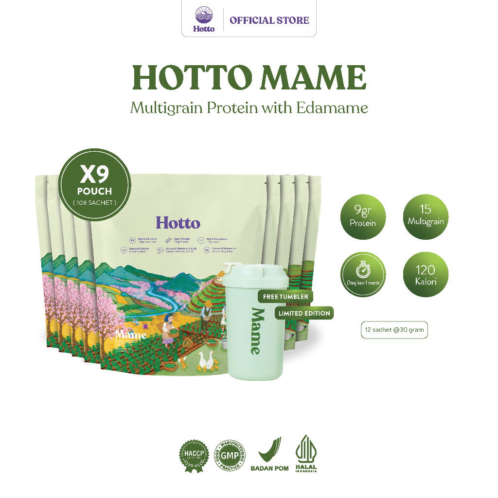 

Hotto Mame Protein Multigrain with EDAMAME 9 Pouch ( 144 Sachet) Free Tumbler