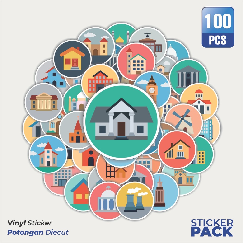 

Super Hemat! 100 PCS Stiker Buildings Flat Icons [Ikon Bangunan] Waterproof Aesthetic- Untuk Laptop, Motor, dan Helm - Paper Stationery Pack