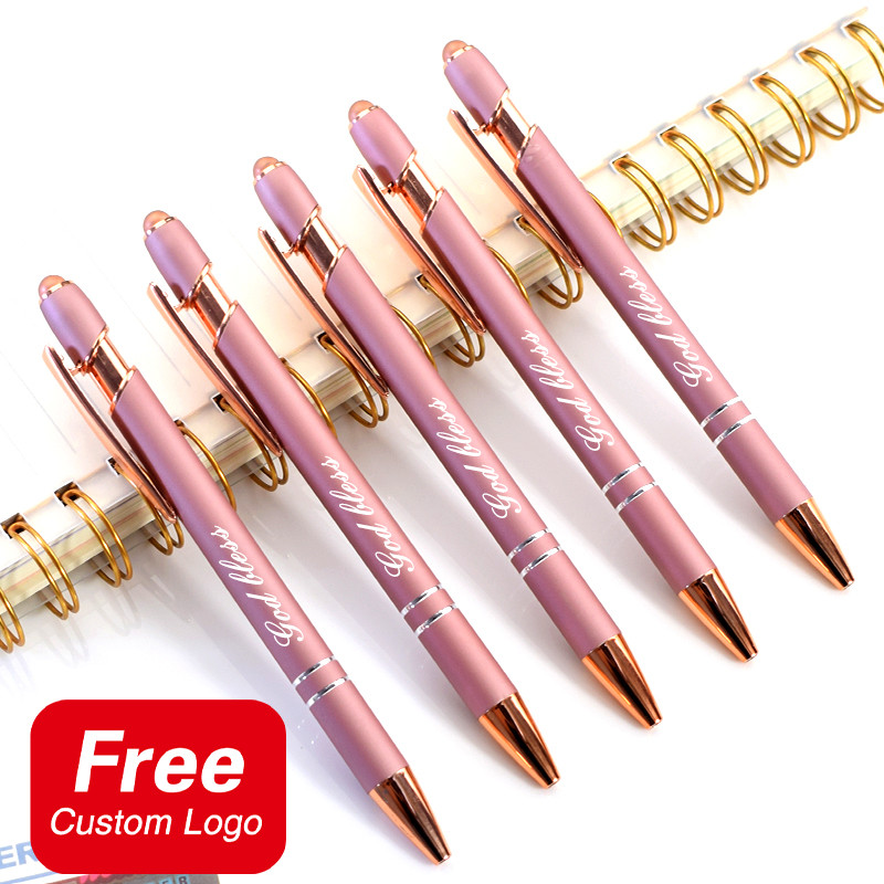 

5Pcs Custom Logo Simple Metal Rose Gold Ballpoint Pens Personalized Name School Teacher Gifts Student Stationery Office Supplies