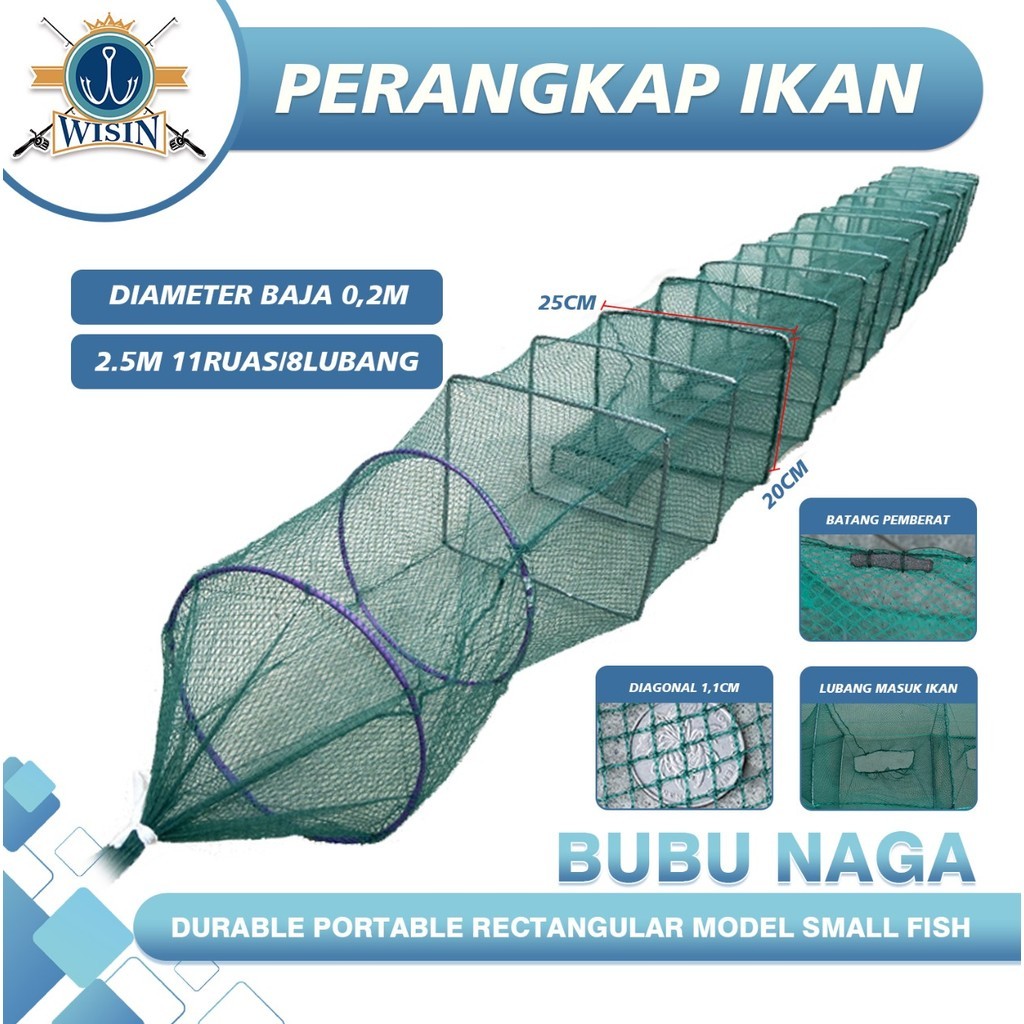 WISIN Jaring Bubu Naga Perangkap Udang Ikan Lipat Portable 11 Ruas 8Lubang 2.5M