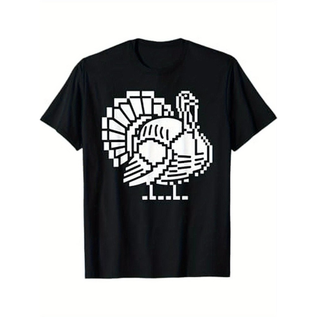 Kaos Pria 100% Katun Desain Ayam Kalkun Pixel - Kaos Hitam Santai Hadiah Thanksgiving, Bisa Dicuci M