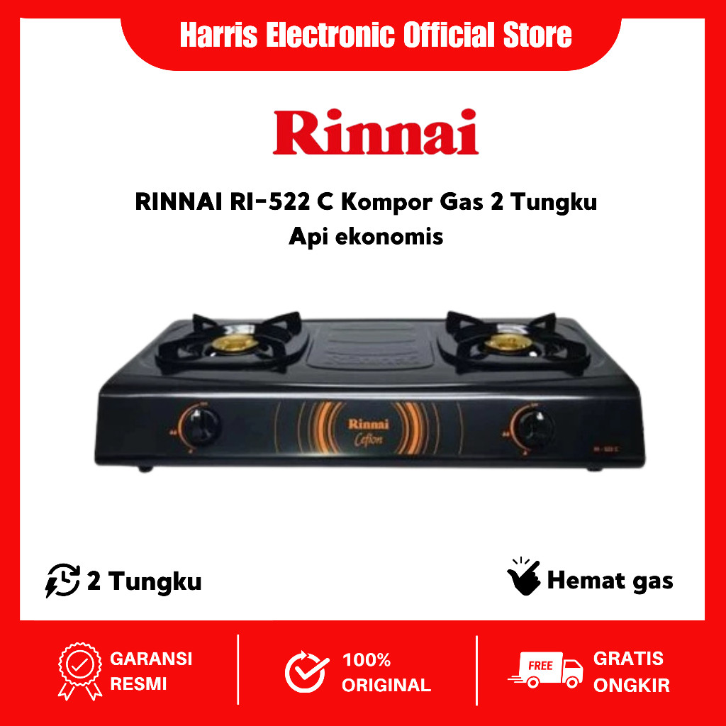 Rinnai RI-522C Kompor Gas 2 Tungku Teflon ri 522 C rinai ri522c