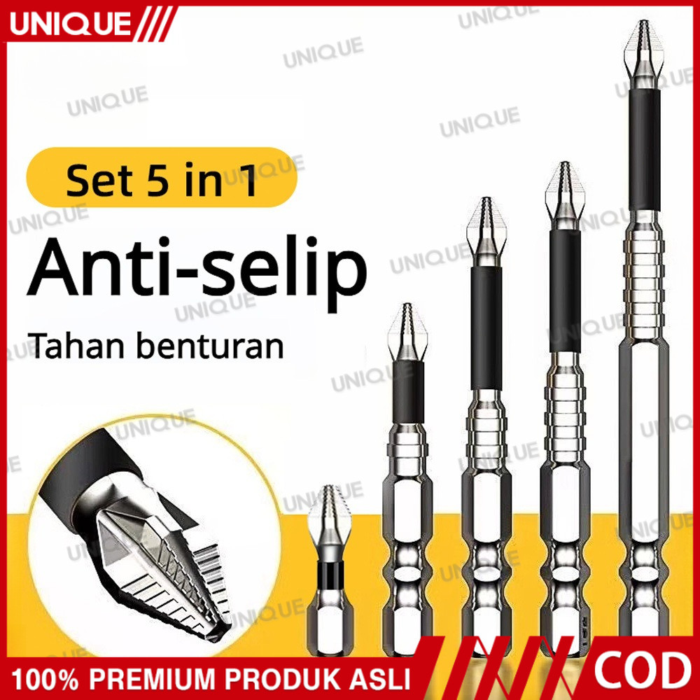 UNIQUE Set 5 Pcs Phillips Bit Magnet Kuat Anti Slip Kekerasan Tinggi Bor Tangan Baja Wolfram Obeng L