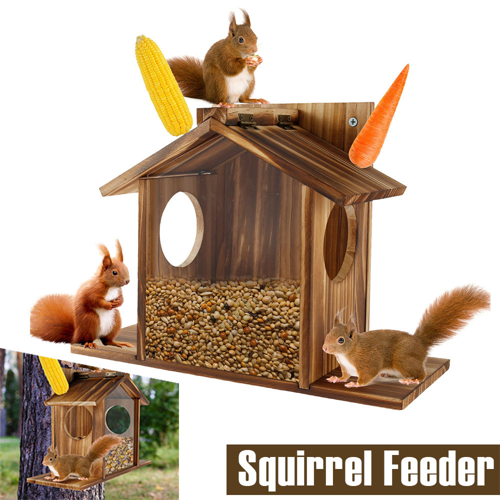 Wooden Squirrel Feeder Large Capacity Squirrel Feeder House with Roof Squirrel Feeding Stations Gard