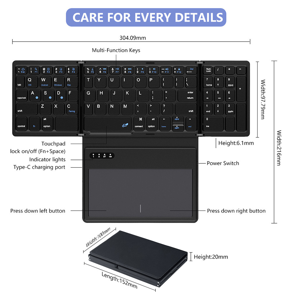 BOW Foladable Bluetooth Keyboard with Toupad Pocket Fog Keyboard for Laptop Phone Tablet  Wireless R