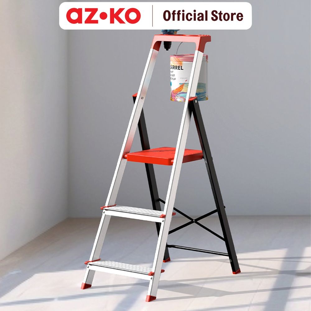 AZKO Fixstep 1.1 mtr Tangga Lipat Besi Dengan Tray 3 Step - Silver Folding Ladder Step Ladder Tangga