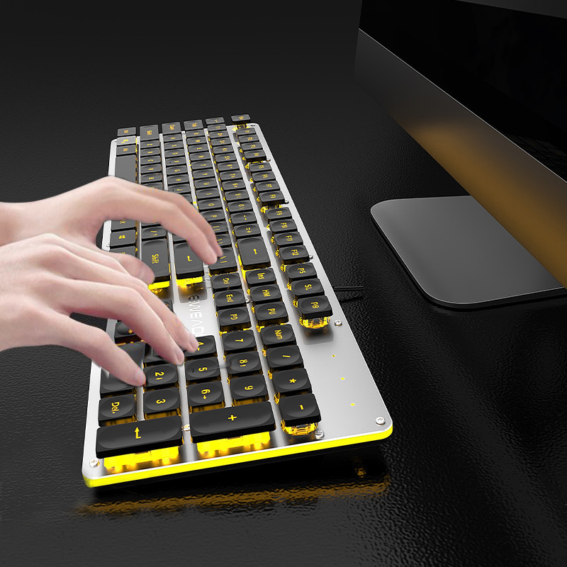 GX710S Office Keyboard silent, All-Metal Panel 104 Keys Wired with Water Drop Keycaps, for Game and 