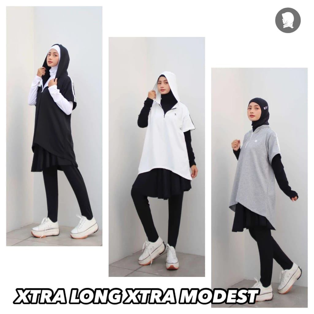 Jaket Olahraga Panjang Hoodie Asimetris Long Sport Wanita Muslimah untuk Senam Lari Bersepeda Gym Fi