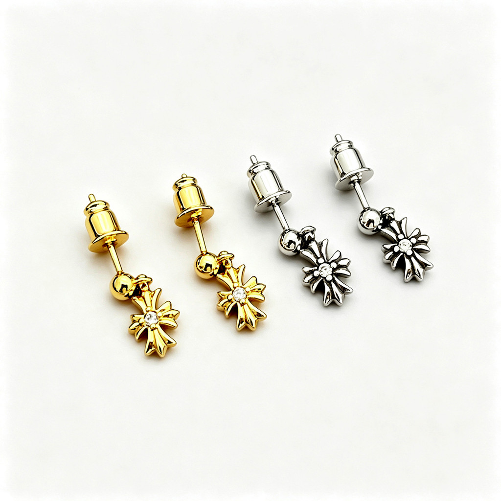 Anting Salib Tunggal Berlian Emas Stud Anting Lintas Anting Pria
