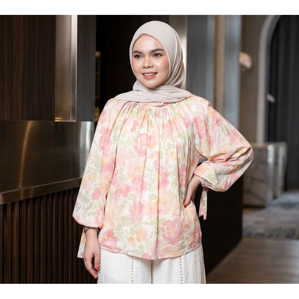Fiona Blouse Motif Floral Rayon Premium Baju Atasan Wanita Jumbo Lengan Balon