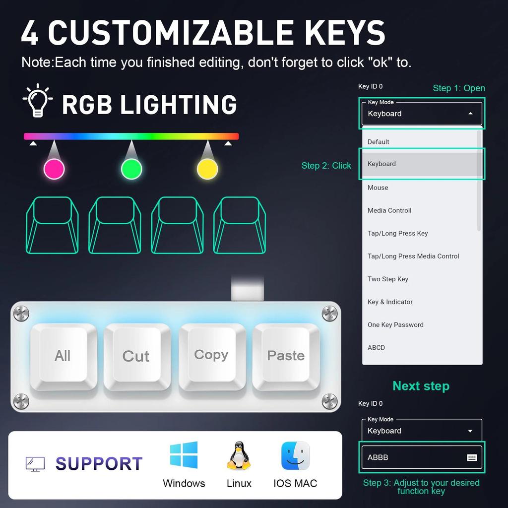 SAYODEVICE 4 Keys Mini Shortcut Key Office Work Macros Keypad OSU Rhythm Game Keypad Gaming USB Wire