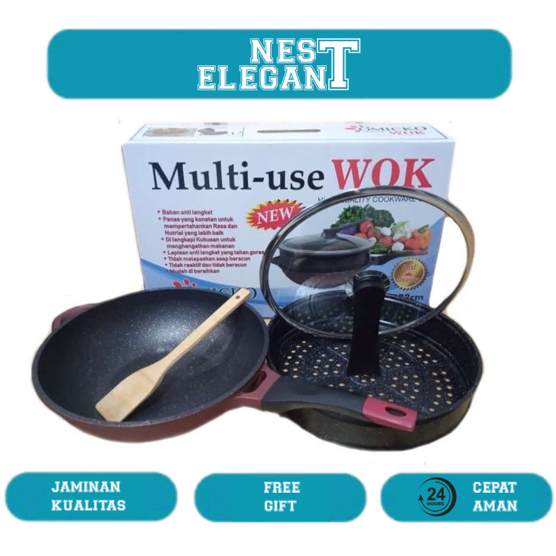 Panci Wok pan Omicko 32cm pan marble anti lengket + kukusan wajan sangat tebal wajan kukus omicko