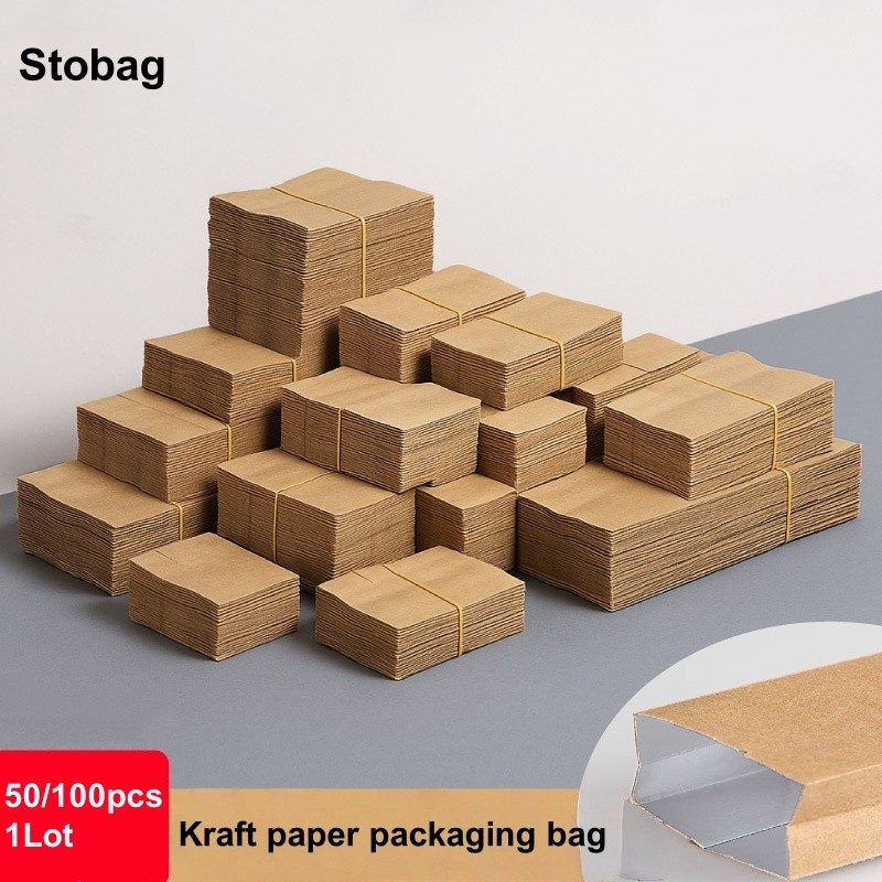 

StoBag 50/100pcs Kraft Paper Packaging Bags Long Aluminum Foil Heat Sealing for Coffee Tea Powder Storage Gift Pouches Portable