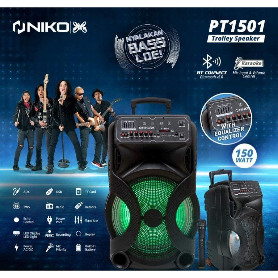 NIKO Speaker Aktif 15 Inch PT 1501 / Portable Trolley Bluetooth Karaoke Free 2 Mic Wireless