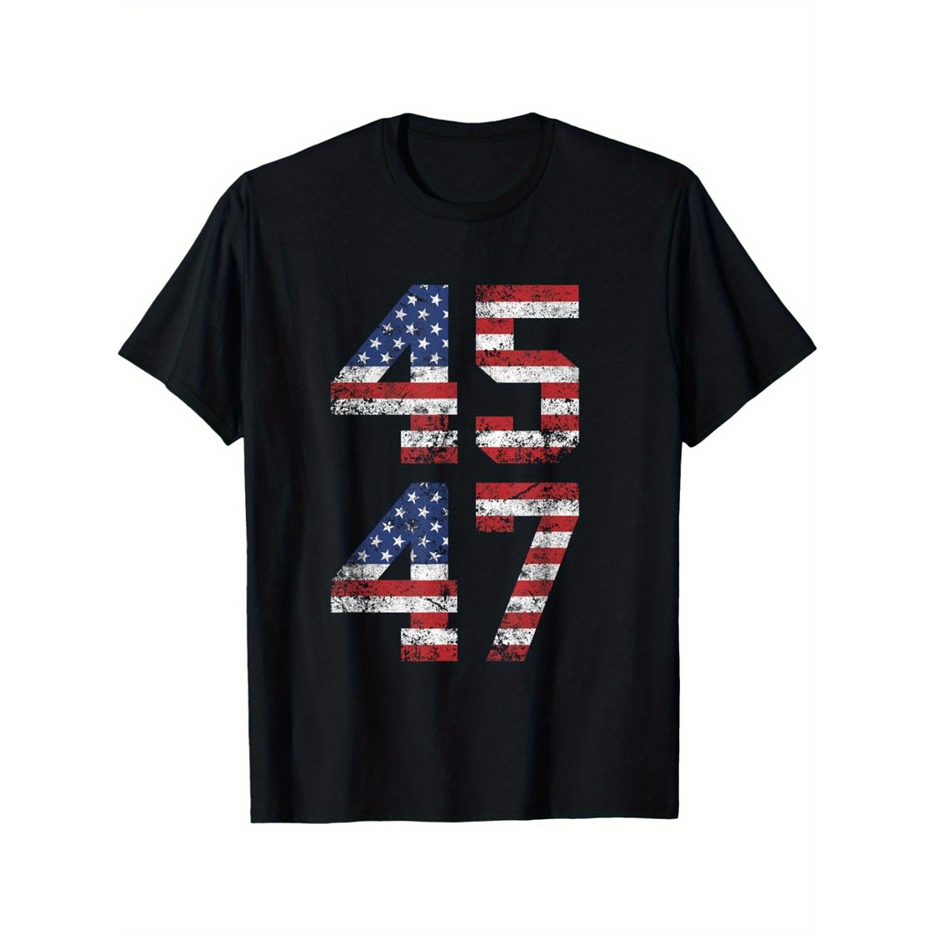 Kaos Pria Bendera Amerika Serikat Vintage 1947 Bahan Katun - Klasik, O-Neck, Katun Hitam, Cetakan '4