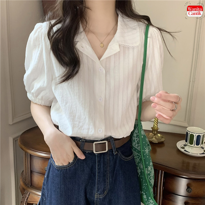 Blouse Wanita Korea Vintage Elegan Kemeja Katun Putih Lengan Pendek Kerah Boneka Renda Blus