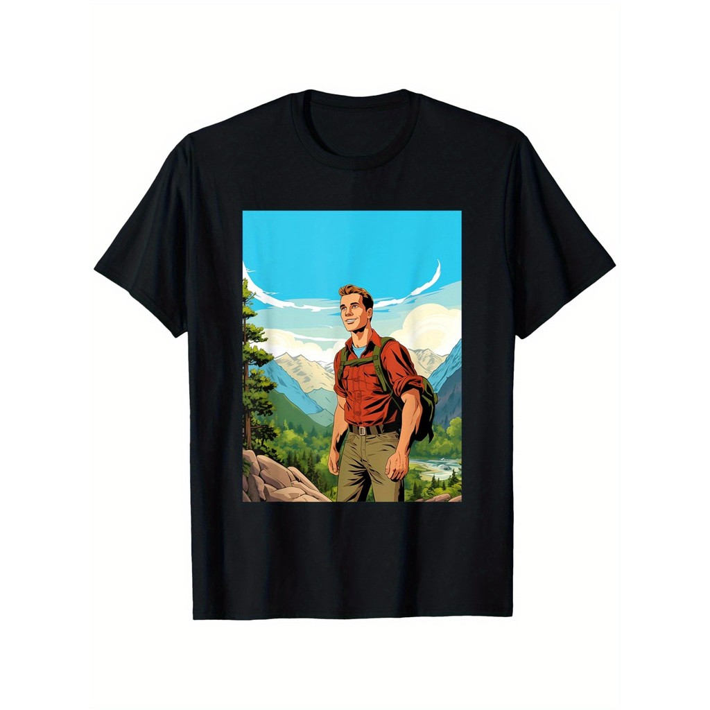 Kaos Pria Pendaki Gunung Pop Art Vintage - Pemandangan Gunung, Katun 180gsm, Segala Musim, Ukuran S-