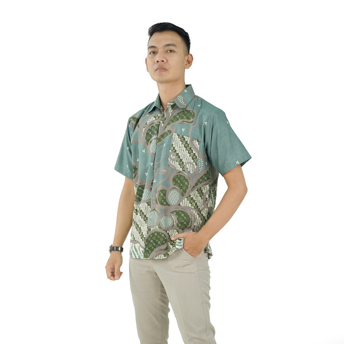 BATIK TRUSMI Hem Batik Pria Kemeja Lengan Pendek Batik Laveya Hijau BUL