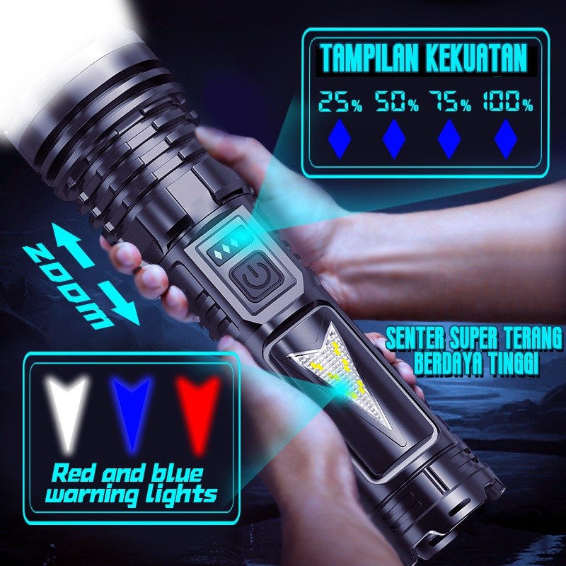Senter LED Super Terang Berdaya Tinggi Jarak Jauh Anti Air Senter LED 20000 Lumens Original USB C Re