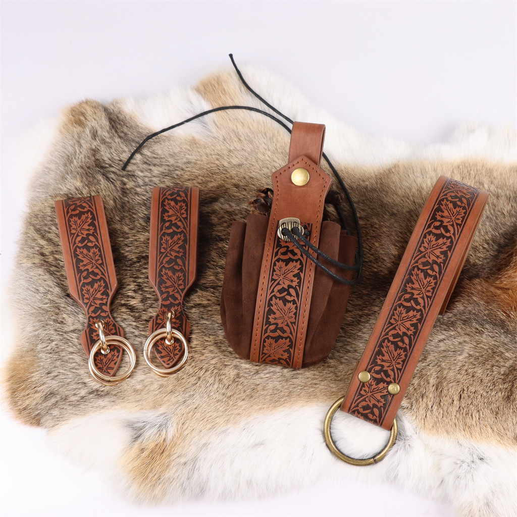 Viking Knight Belt Embossed Retro Elf Leaf Leather Belt Copper Coin Waist Bag Hiking Skirt Clip Set 