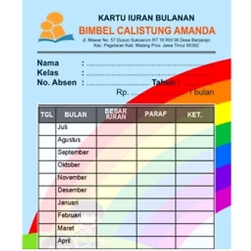 Cetak Kartu SPP Iuran Bulanan Kartu Iuran Premium Uang Tabungan Uang Sekolah Bulanan Premium  Custom