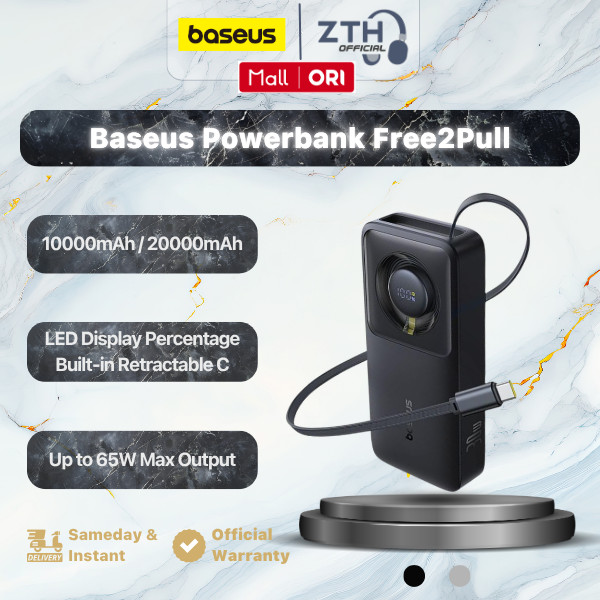 Baseus Powerbank Free2Pull 10000mAh 20000mAh with Built-in Retractable Type C Cable 30W 65W Fast Cha