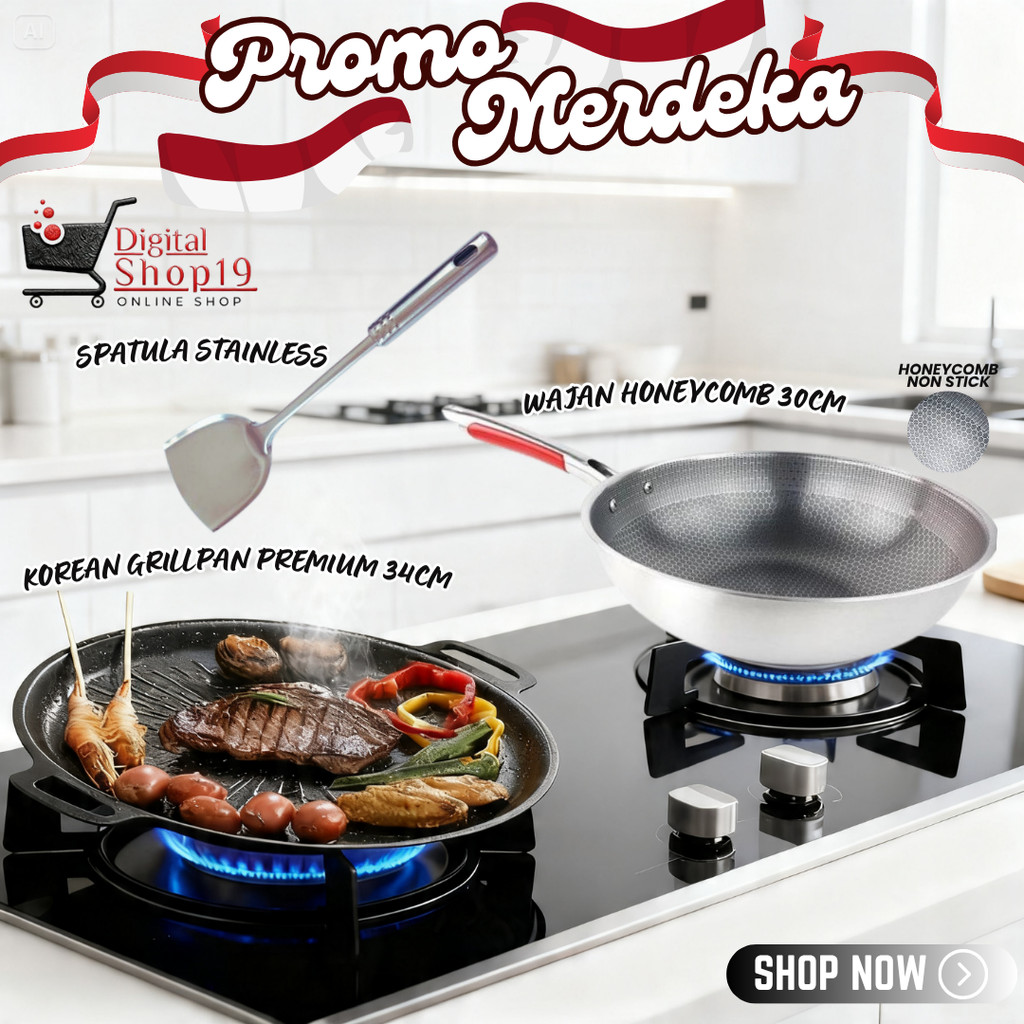 DS MERDEKA COMBO WAJAN DAN PEMANGGANG (WAJAN HONEYCOMB 30CM, KOREAN GRILLPAN PREMIUM 34CM, SPATULA S