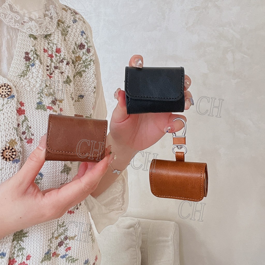 Minimalist Solid Color Leather AirPods Case Flip Cover with Snap Buckle and Metal Strap for Apple Ai