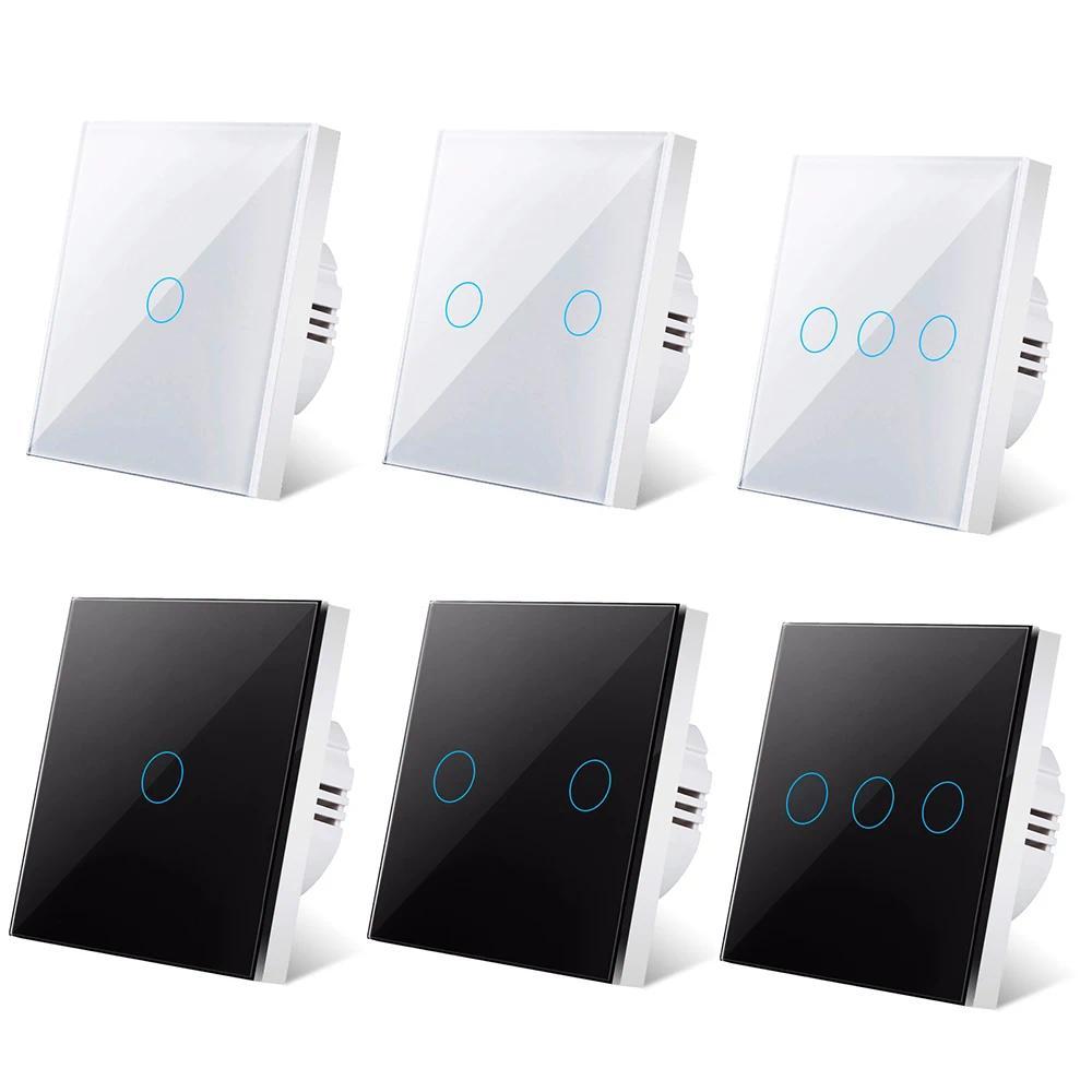 European AC100-240V Tempered Black White Crystal Glass Touch Switch Panel Wall Light Sensor Button 1