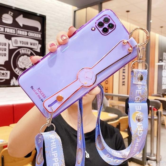 SAMSUNG M12 A12 SOFT CASE TALI SLEMPANG STRAP PLATING GLOSSY SILIKON - Merah Muda, M12