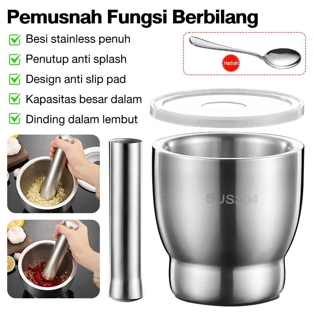 Cobek Stainless / ulekan Stainless / Tumbukan Bumbu Dapur Dengan Tutup/Mortar Pestle Tumbukan Bumbu 