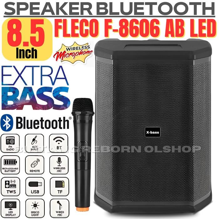 SERBA COD SPEAKER BLUETOOTH FLECO F-8606 AB LED / FLECO F-8606 BAL 8'5 INCH FREE MIC WIRELESS KARAOK